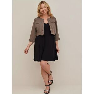 Torrid Women's 2X Crop Collarless Jacket - Cotton Brown Long Sleeve Button Front